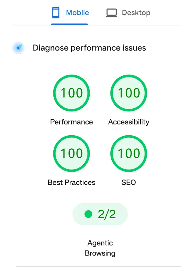 PageSpeed Insights on mobile: 100 for Performance, Accessibility, Best Practices and SEO, and 2/2 for Agentic Browsing