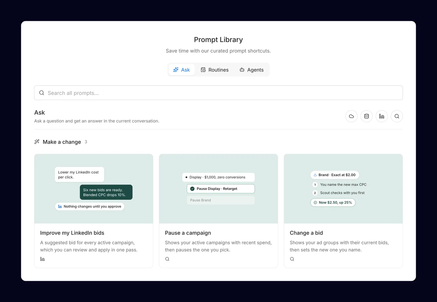 A prompt library with Ask, Routines and Agents tabs and prompt cards