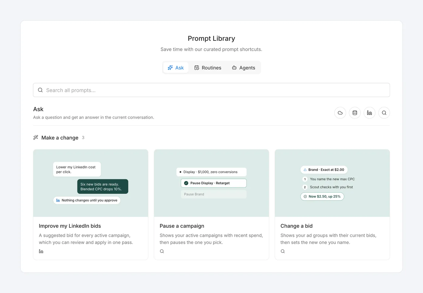 A prompt library with Ask, Routines and Agents tabs and prompt cards