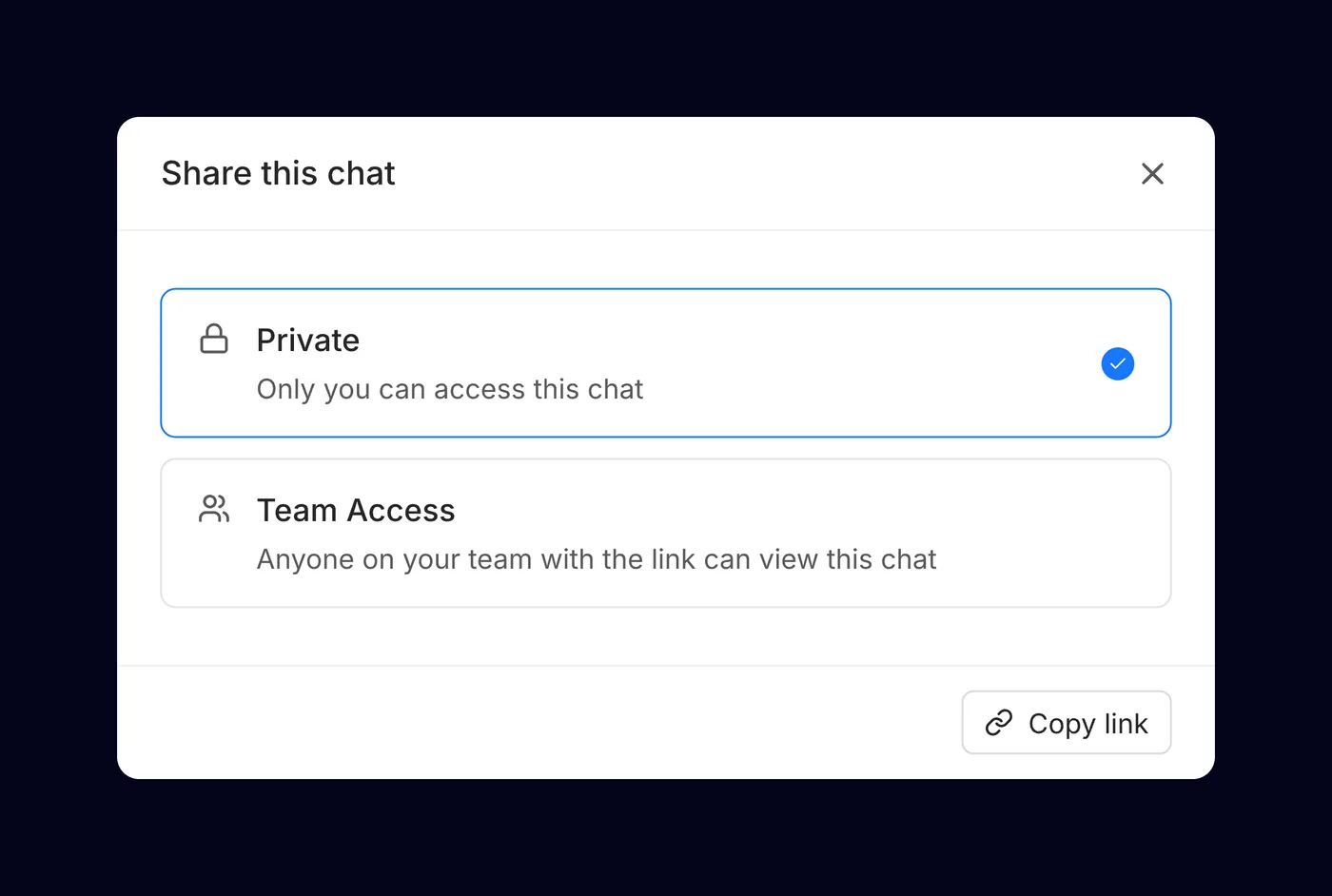 A share dialog with Private and Team Access options and a Copy link button