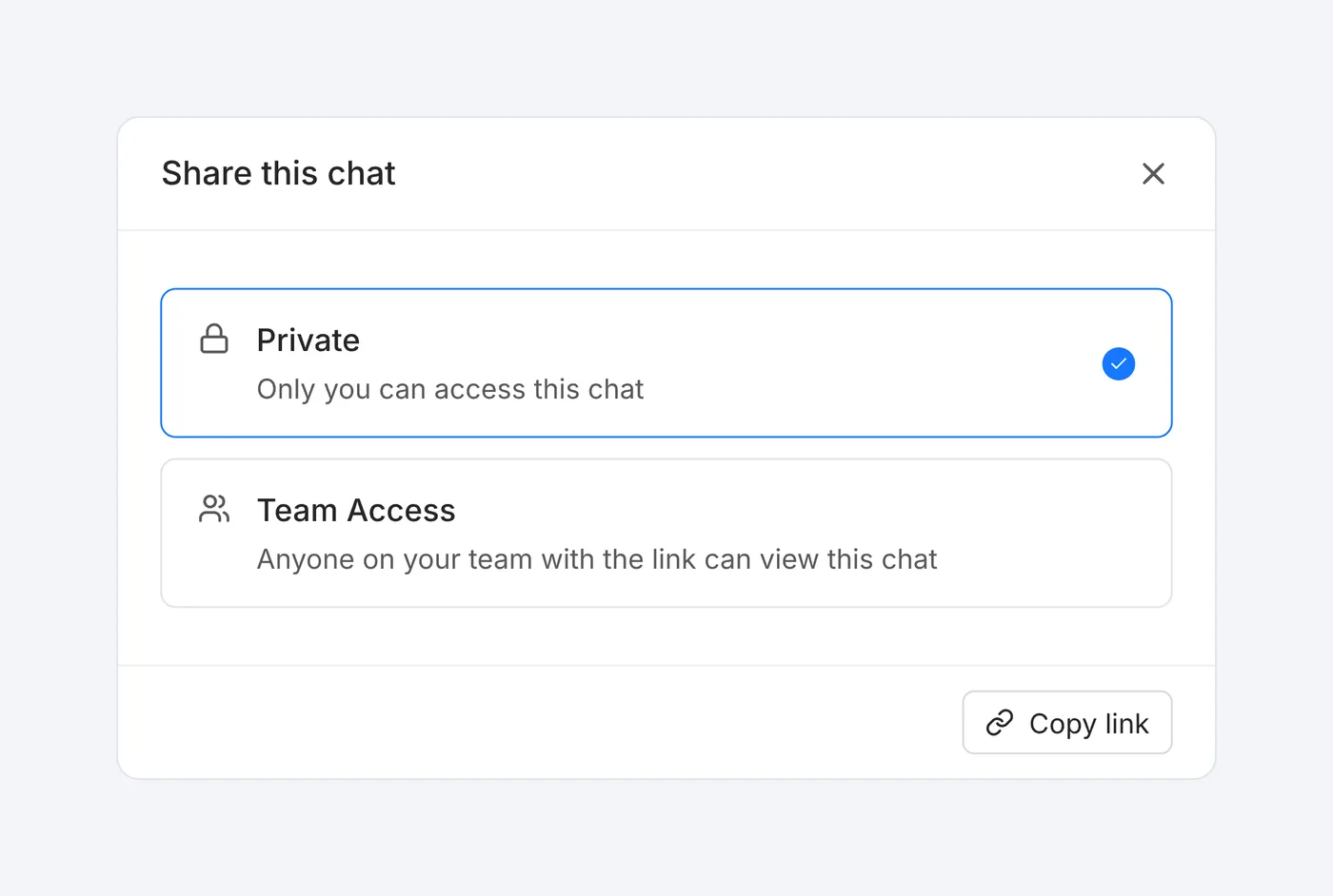 A share dialog with Private and Team Access options and a Copy link button